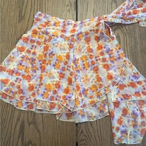 Aerie Floral Wrap Mini Skirt XS — Orange & Purple Ruffle Layered Hem